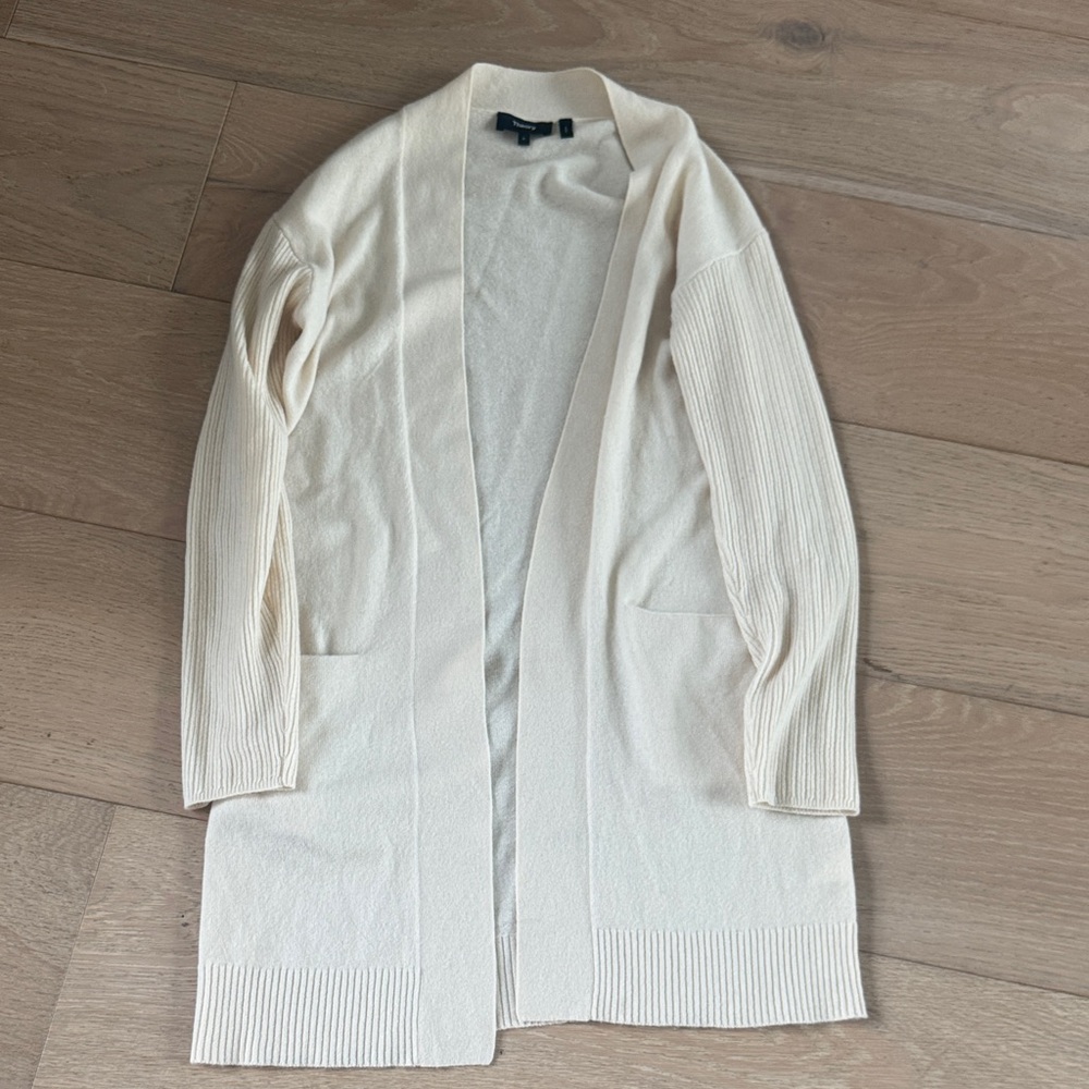 Theory Ivory Open-Front Long Knit Cardigan